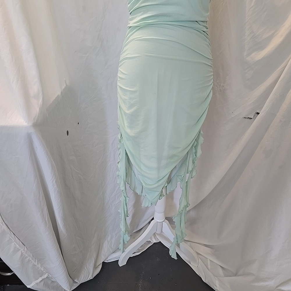 Generation Kiss Mesh Ruffle Hem Midi Dress Ruching Halter Tie Green Size M Fairy - Picture 3 of 13